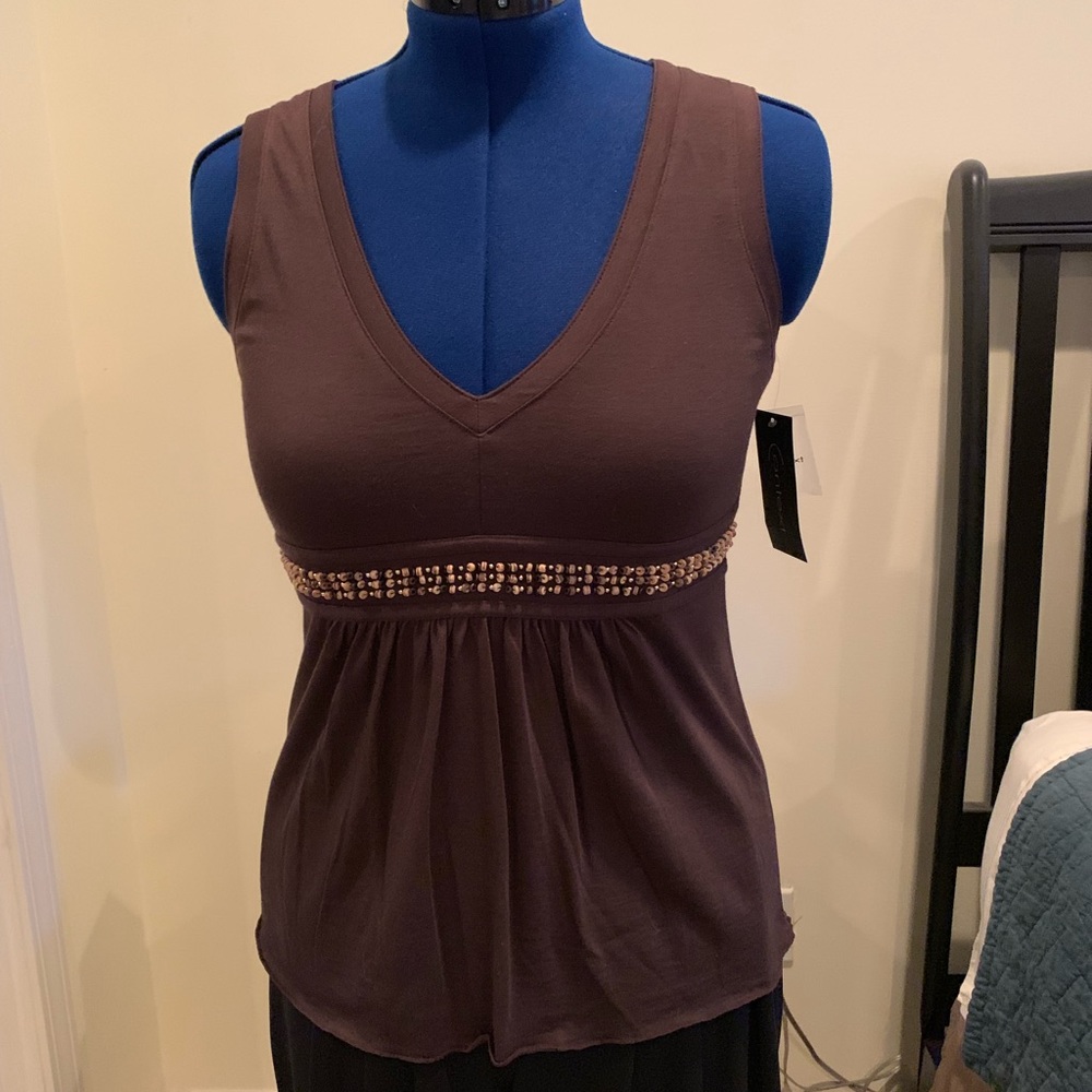 NWT Context Brown Cotton Knot Wood Beading Tank
